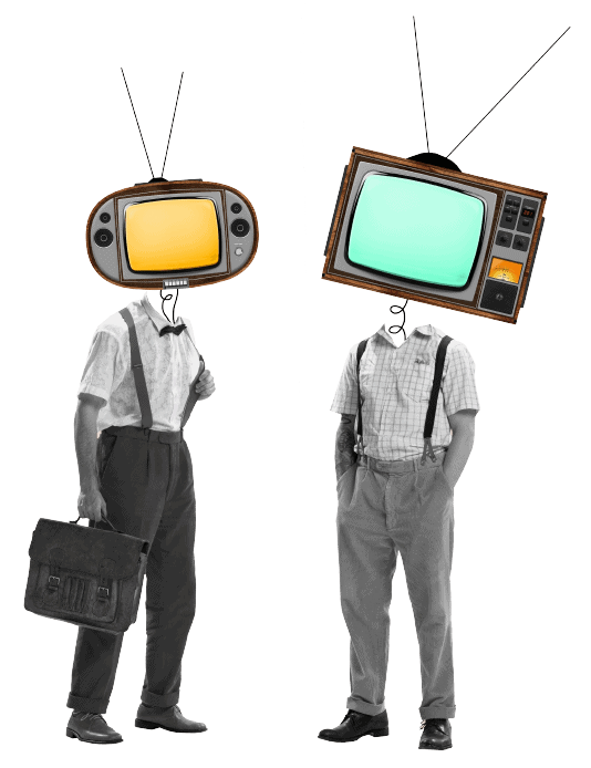 Video That Excites Graphic of two people with old school TV sets for heads